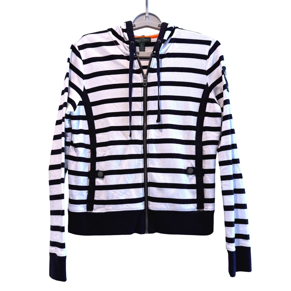 Lauren Ralph Lauren Jeans Co Womens Navy White Striped Anchor Patch Zip Hoodie S